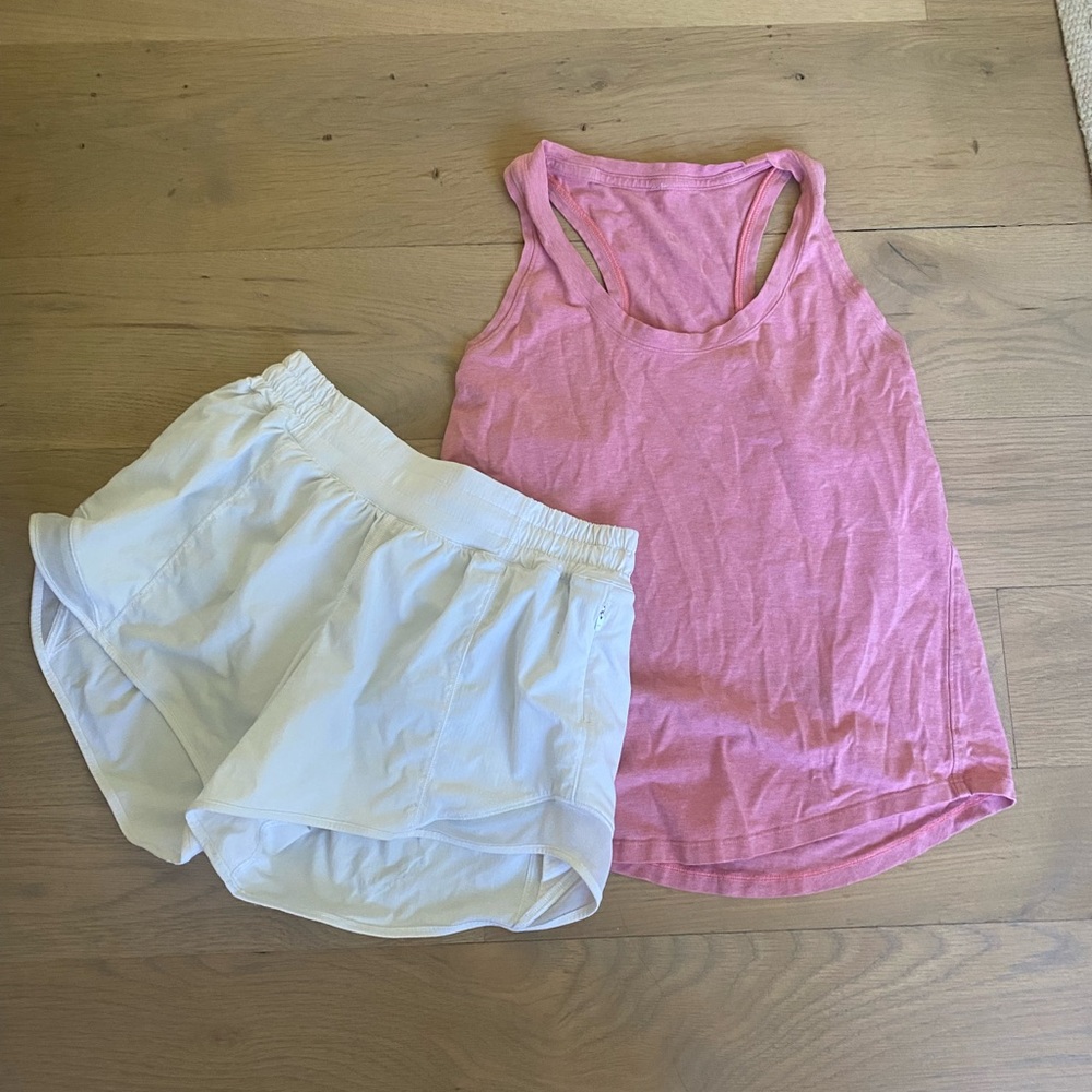 Lululemon pink tank top and white shorts